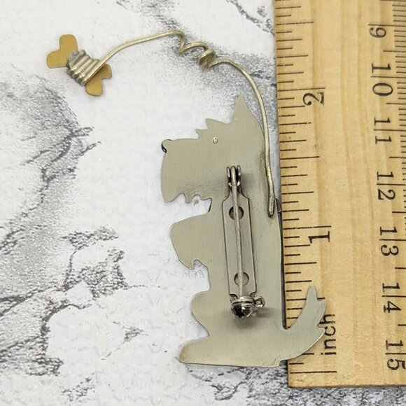 Vtg Scottie Dog Brooch Silver & Gold Tone Metal With Bone Charm Whimsical Cute - Picture 2 of 2